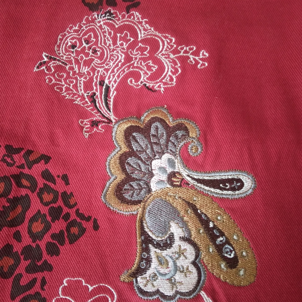 Denim&Co Size 3X Red Jean Jacket Embroidered Animal Print Button Jacket - Picture 2 of 9